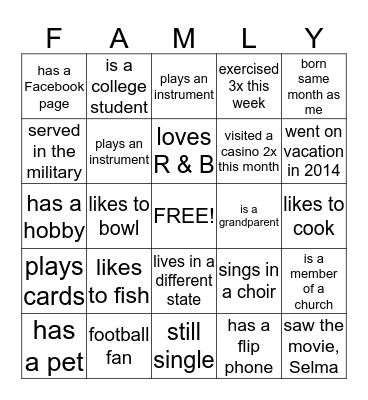 Howard/Williams Family Reunion Bingo Card