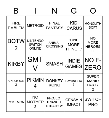 Nintendo E3 2021 Bingo Card