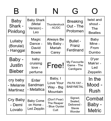 Baby Music Bingo Card