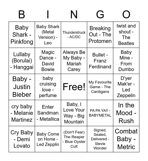 Baby Music Bingo Card