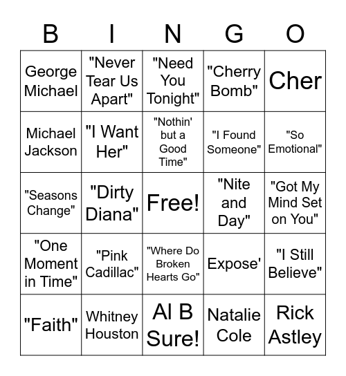 1988 Music/Musicians BINGO Card