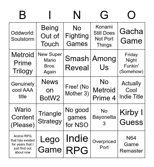 E3 Nintendo Bingo Card