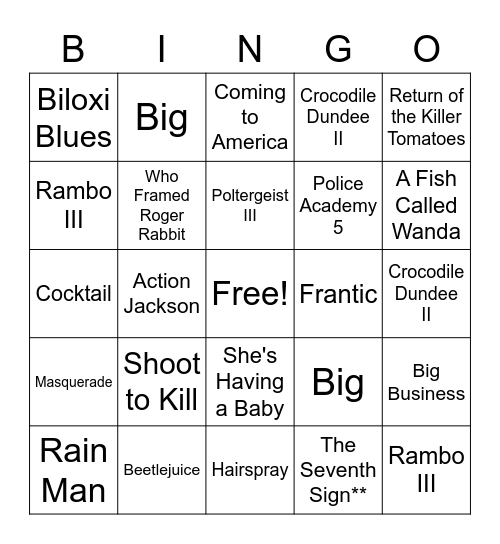 1988 Movies Bingo Card