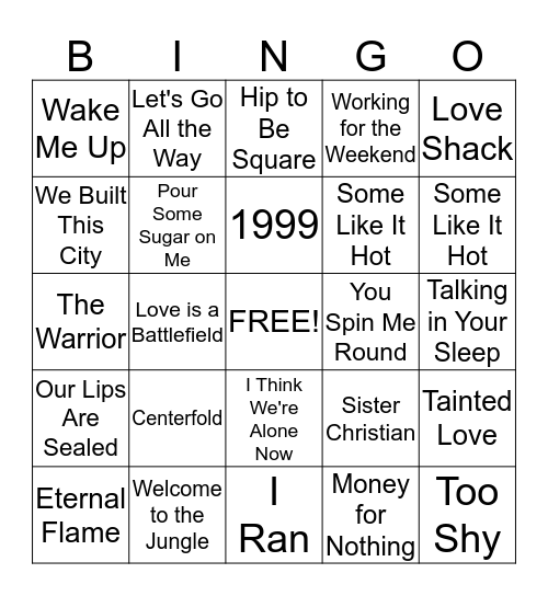 80's Music Bingo Round 2 Bingo Card