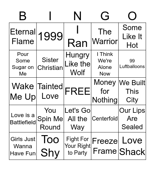 80's Music Bingo Round 2 Bingo Card