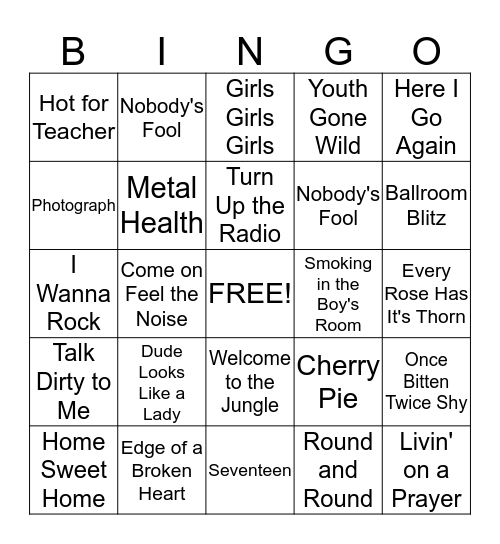 Best of the Hair Bands Bingo Card
