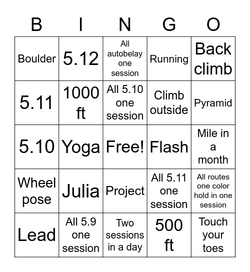 Climbing goalz Bingo Card