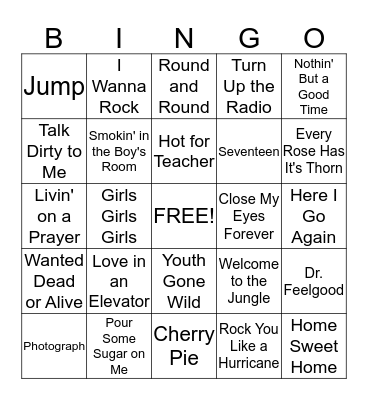 Best of the Hair Bands Bingo Card