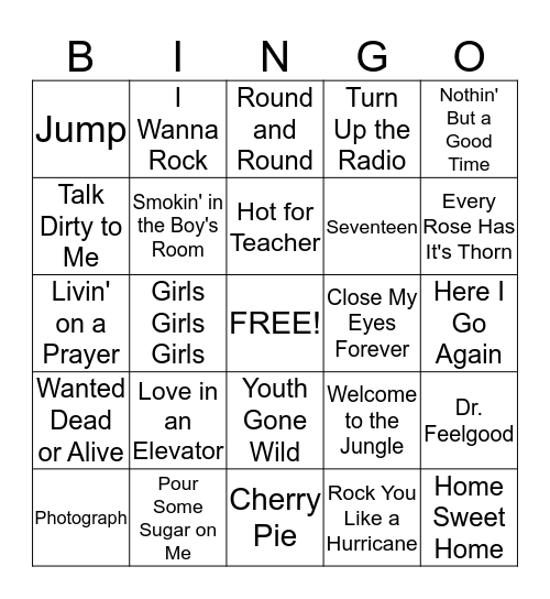 Best of the Hair Bands Bingo Card
