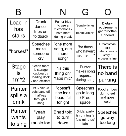 Wedding gig Bingo Card