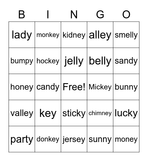 -Y and -EY Bingo Card