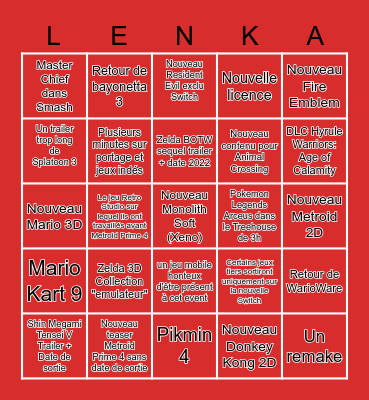 Nintendo Direct E3 2021 BINGO Card