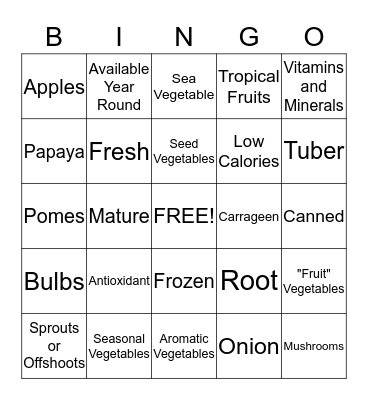Fruit and Vegetable Bingo Card