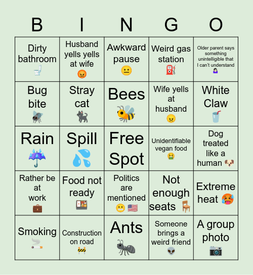 Family Picnic Bingo Card