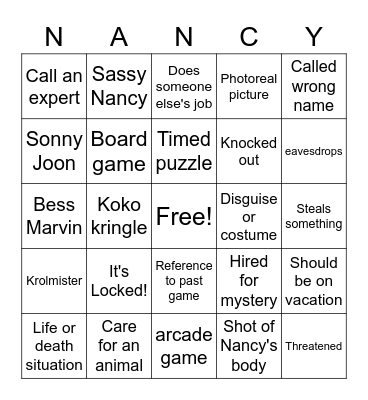 Nancy Drew Bingo Card
