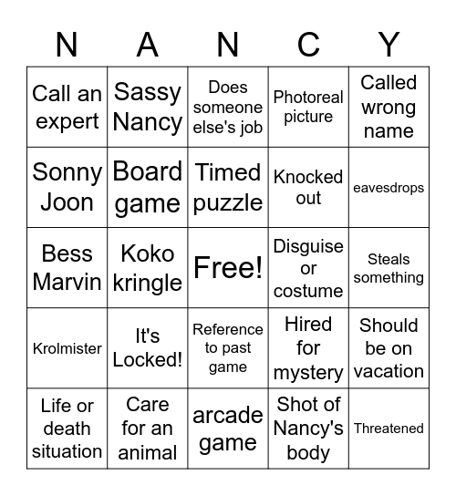 Nancy Drew Bingo Card