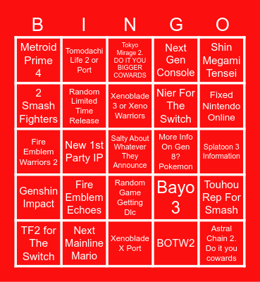 Nintendo 2021 E3 Bingo Card