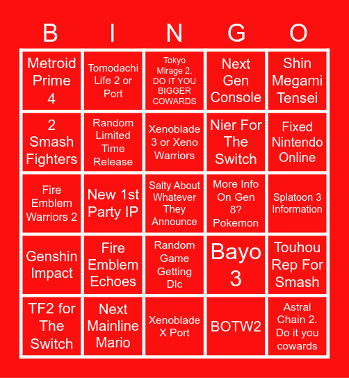 Nintendo 2021 E3 Bingo Card