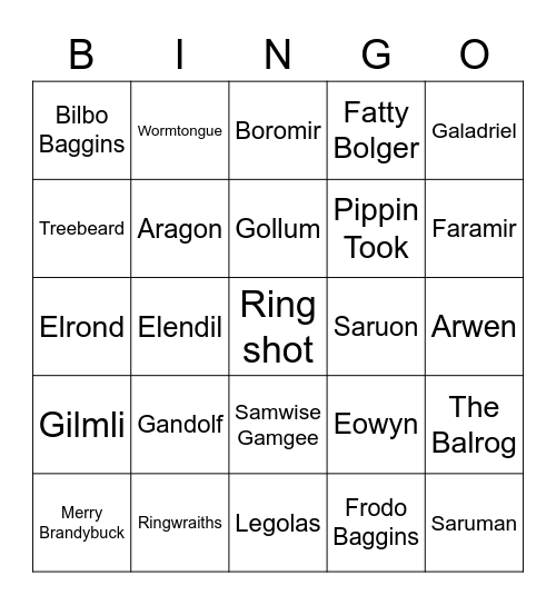 Lord of the Rings Bingo Card