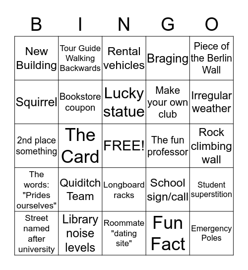 College Tour Bingo Brongo Bingo Card
