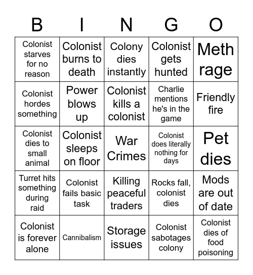 Rimworld Bingo Card