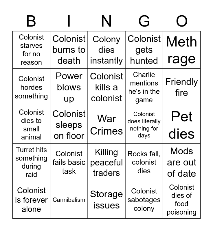 Rimworld Bingo Card