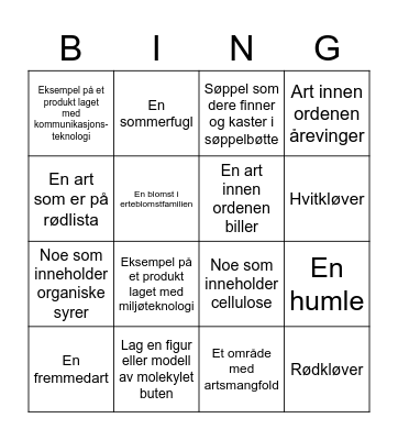 Naturfag Bingo Card