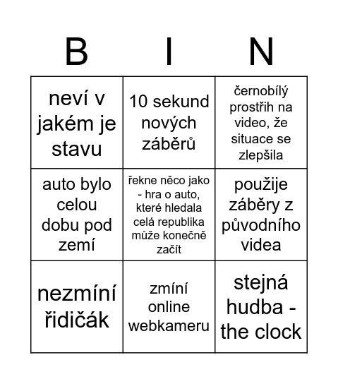 Zakopal jsem auto - video Bingo Card
