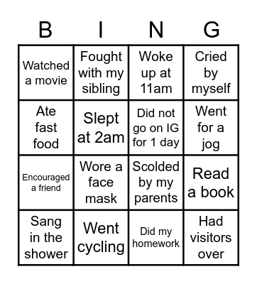 Things I Did This Week Bingo Card