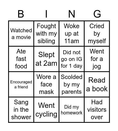 Things I Did This Week Bingo Card