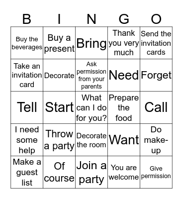 Party Time - Verbs Bingo Card