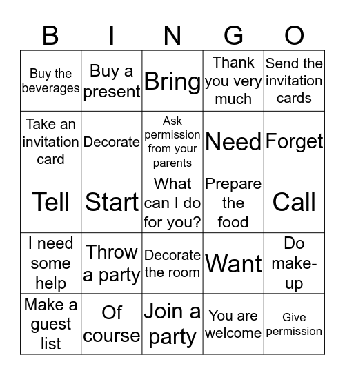 Party Time - Verbs Bingo Card