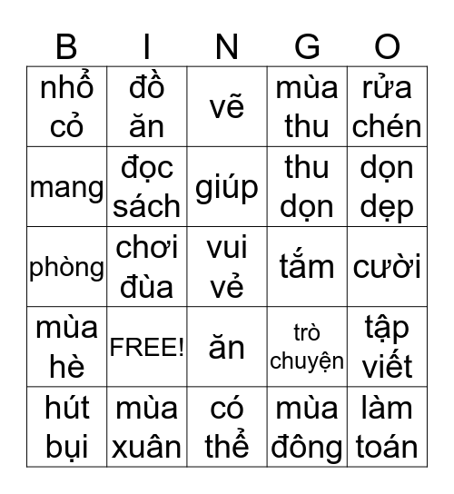 CHƠI LÔ TÔ Bingo Card