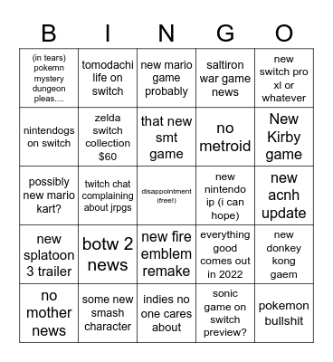 nintendo e3 2021 Bingo Card