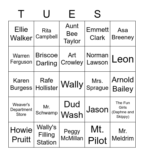 ANDY GRIFFITH SHOW Bingo Card