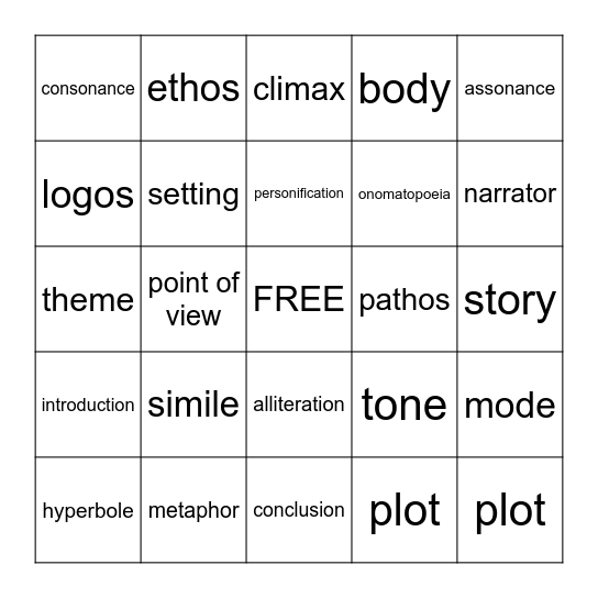 Literature Bingo Card