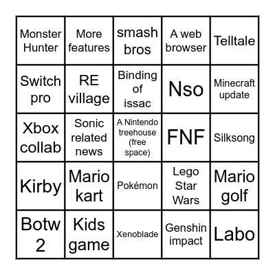 Nintendo E3 Direct Bingo Card