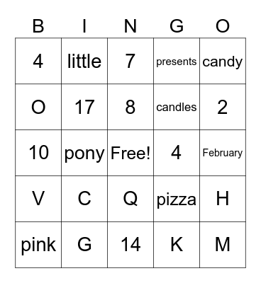 Cassidy's 8 Birthday!! Bingo Card