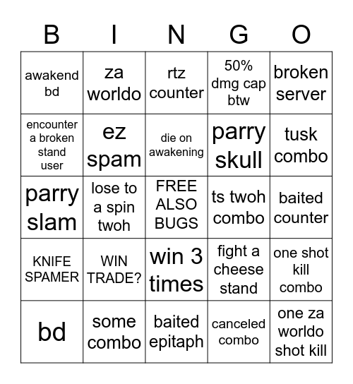 YBA Stand Bingo Card