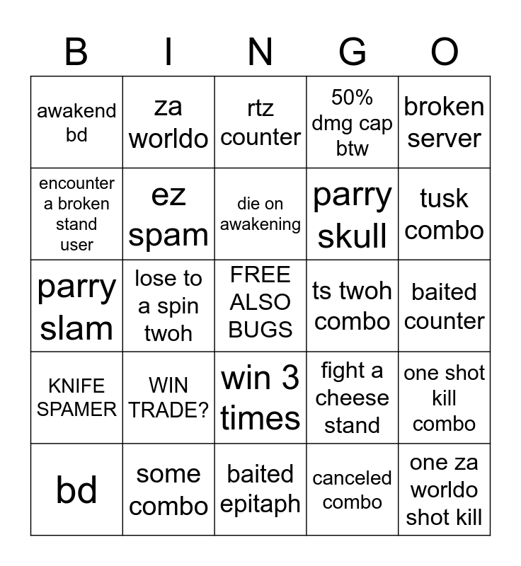 YBA Stand Bingo Card