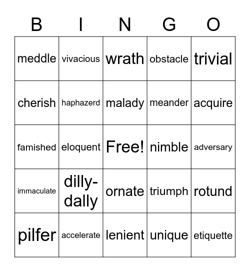 Word of the Week Vocabulary Bingo Card