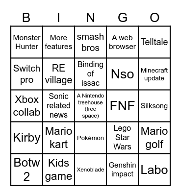 Nintendo E3 Direct Bingo Card