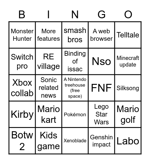 Nintendo E3 Direct Bingo Card