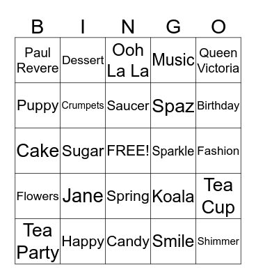 Jane's Tea Party Bingo Card