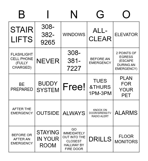 EMERGENCY BINGO Card