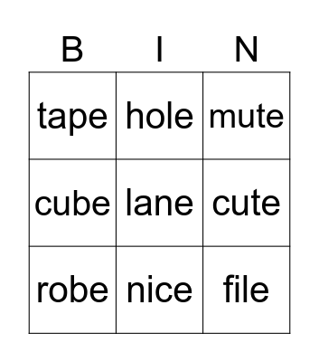 CVCe Words Bingo Card