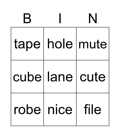 CVCe Words Bingo Card