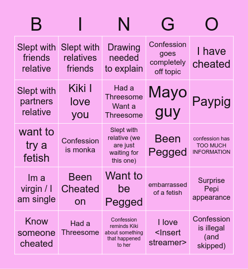 Kiki Confession Bingo Card