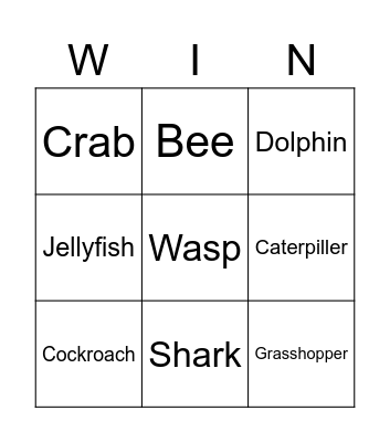 Summer Animals Bingo Card