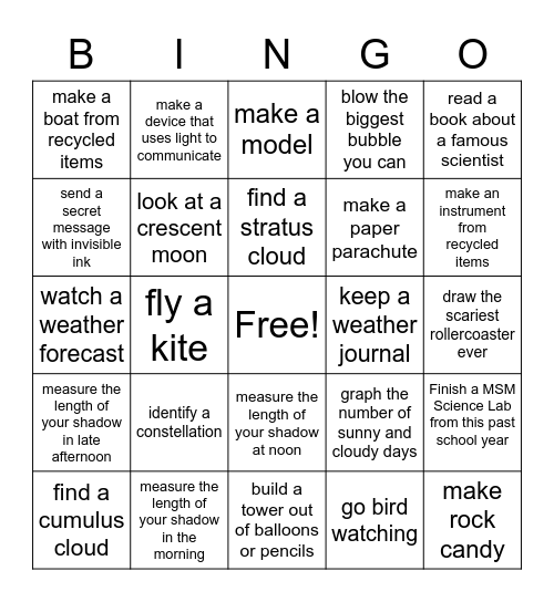 Summer Science Activities Bingo Card